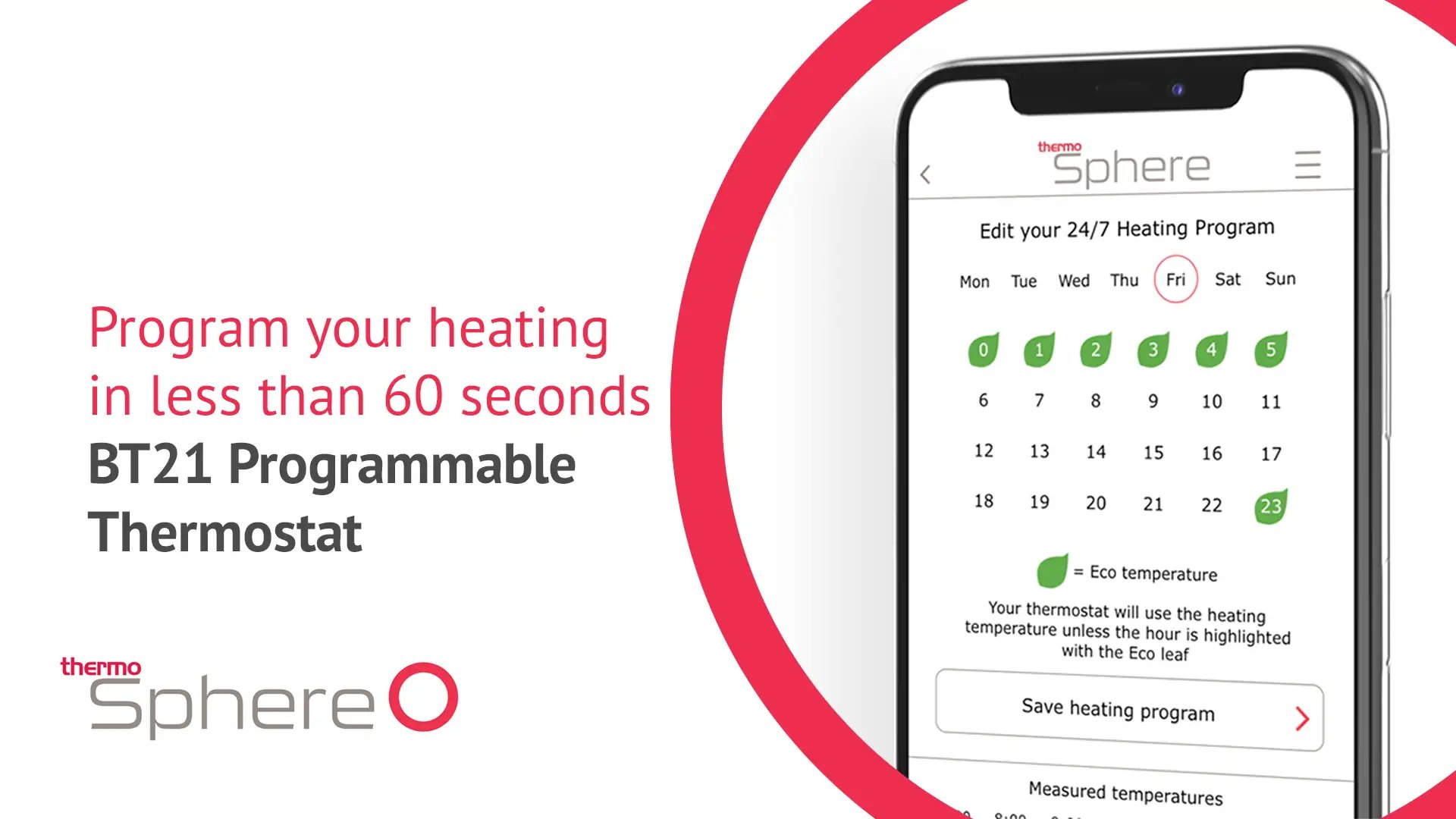 ThermoSphere BT21 Programmable Thermostat Program Heating in 60 seconds 